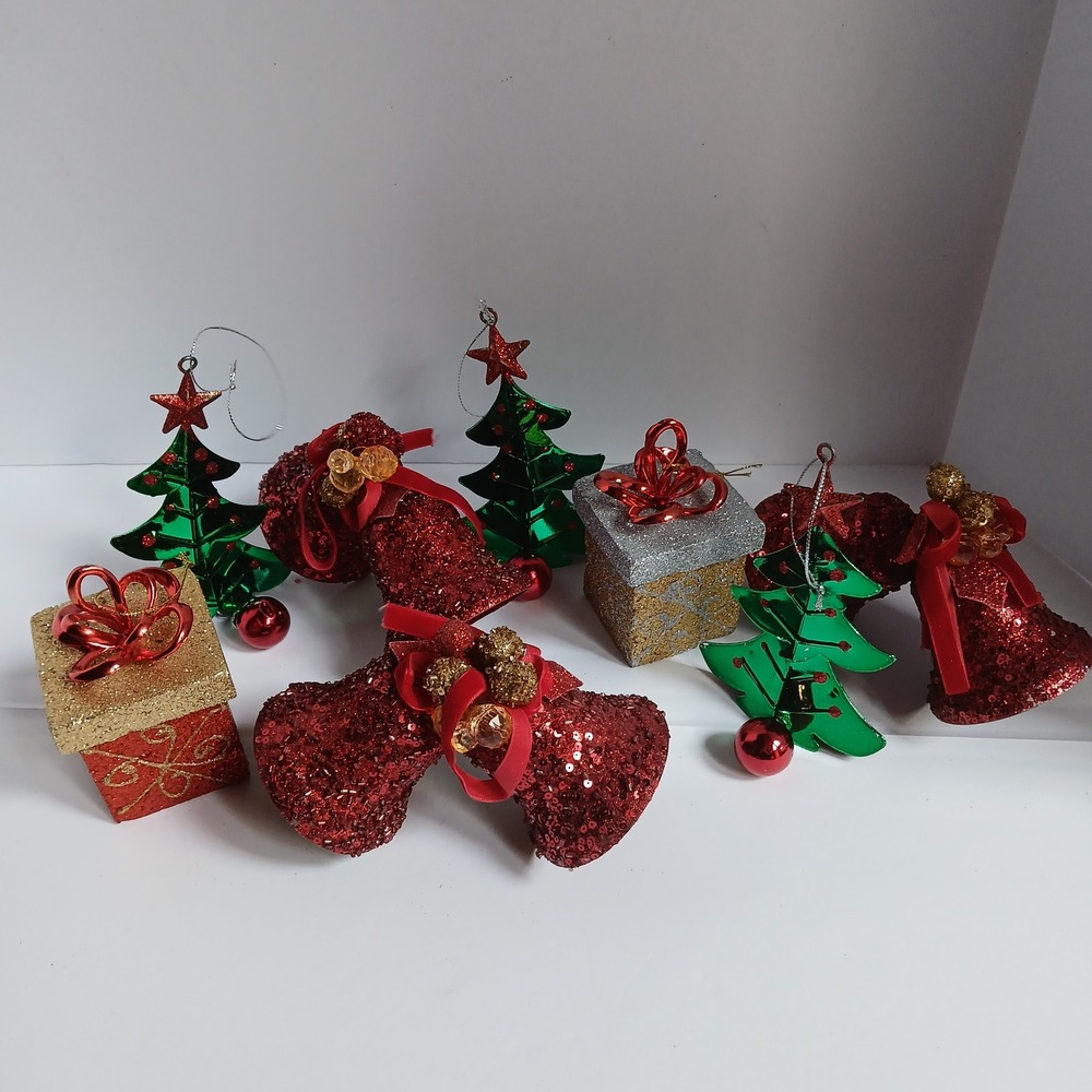 Vtg Christmas Ornament Lot Red Sequined Bells Glitter Gift Boxes Green Trees 7pc